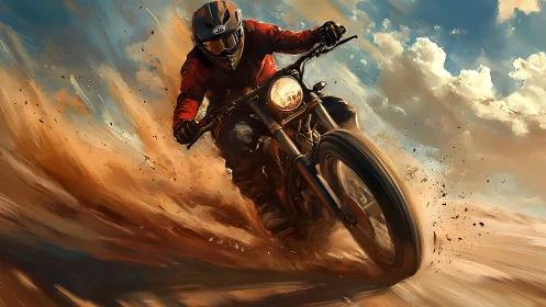 Motorcyclist leans into dynamic dirt slide under bright sky