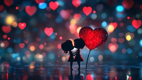 Silhouetted couple kissing beneath luminous crystalline heart amid bokeh lights.