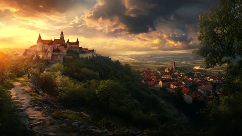 Golden sunset warmly embraces a hilltop castle and village