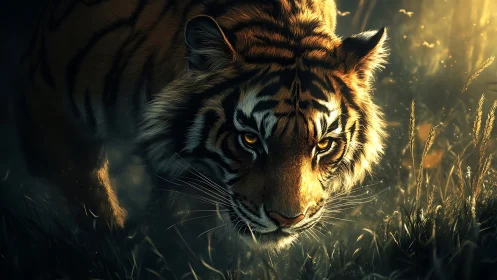 Low-light tiger traversal under cinematic rim illumination.