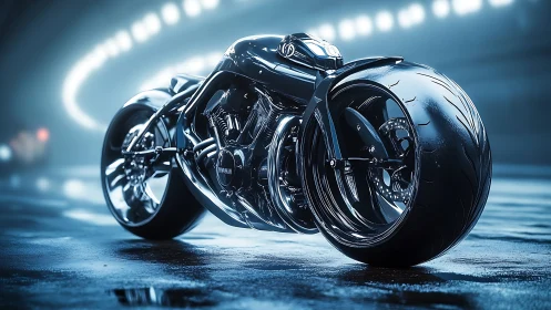 Futuristic chrome motorcycle in wet tunnel environment.