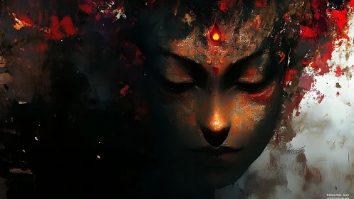 Mystic ember-faced deity rendered in abstract digital chiaroscuro