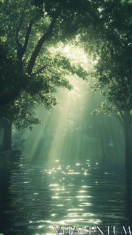 Sunlit forest lagoon where quiet water hoards morning.