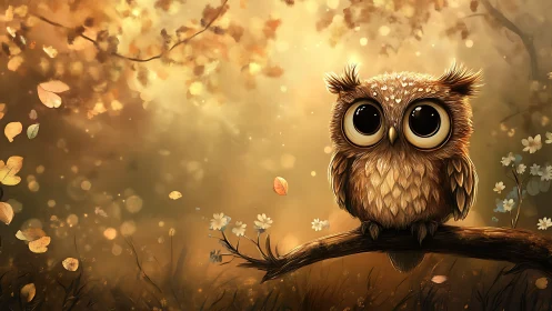 Cute big-eyed owl on a branch in dreamy autumn forest illustration.