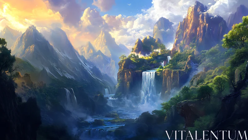 Luminescent mountain valley with tiered waterfalls and misty gorge