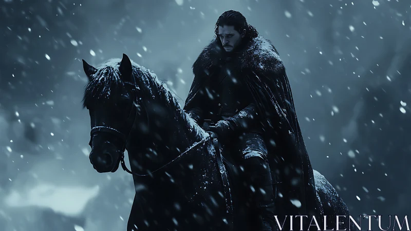 Lone winter rider broods atop a dark horse in falling snow.