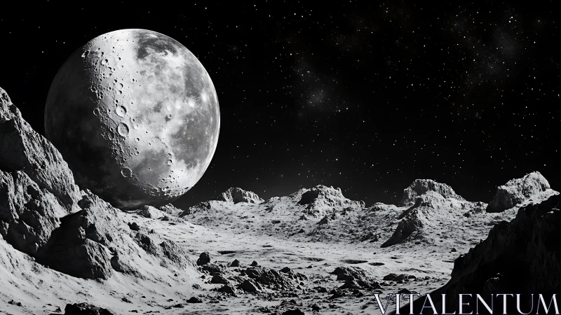 Lunar landscape under large cratered moon and star field.