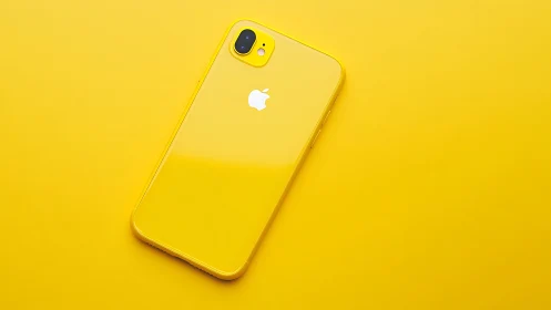 Yellow iPhone with dual camera system on monochromatic background.