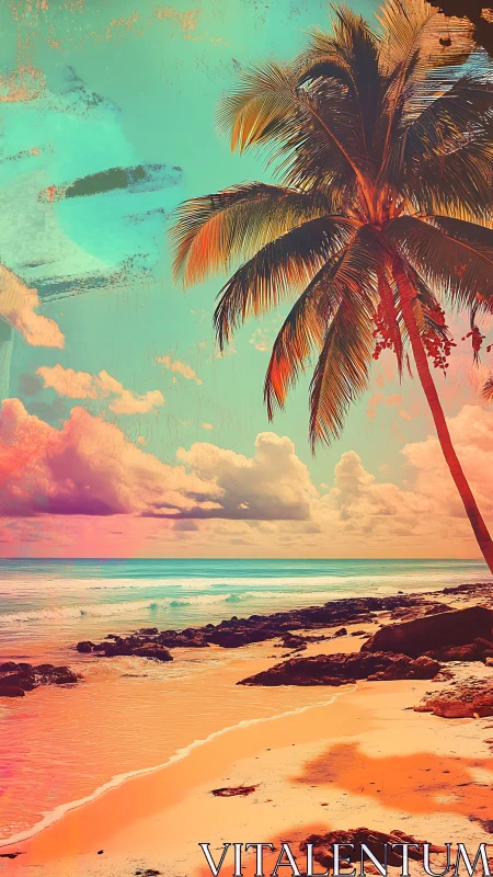 Tropical beach scene with palm tree and seascape composition