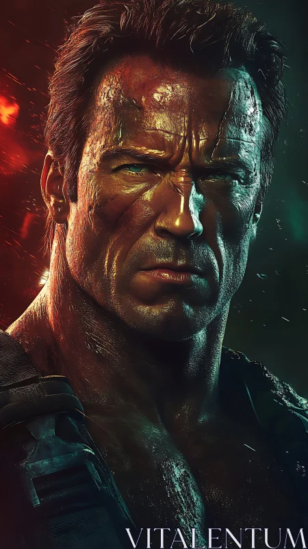 Weathered action hero bathed in fiery cinematic light.