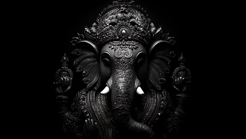 Monochrome render depicts ornate elephant-headed deity figure