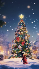 Cartoon mouse in snowy town square by lit Christmas tree.
