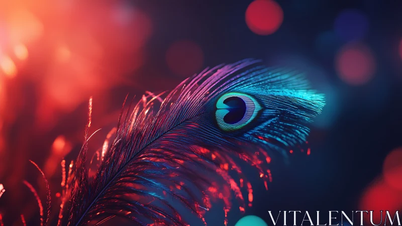 Peacock feather closeup under vivid neon colored lights.