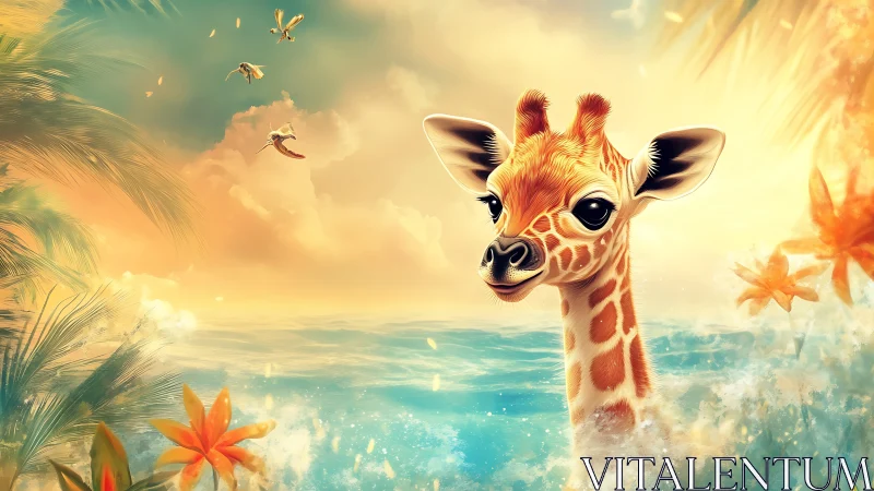 Sunlit baby giraffe wades through tropical dream tide.
