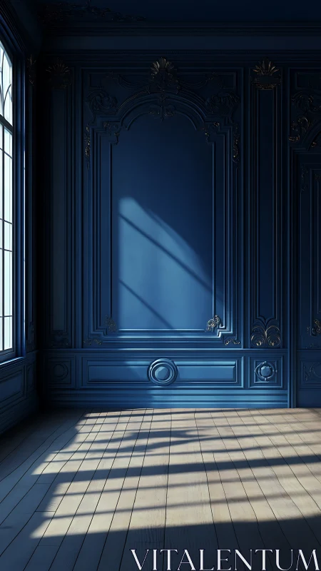 Empty blue paneled room with ornate wall and window light.