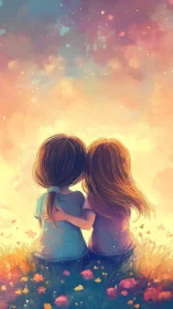 Two Figures Embrace Against Luminescent Sunset Gradient