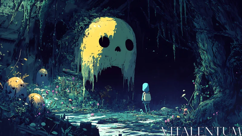 Child confronts glowing skull cave in eerie forest scene.