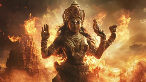 Fiery Hindu goddess figure rising before burning temple.