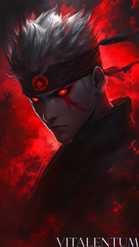 Silent ember-eyed warrior wrapped in stormy crimson fire.