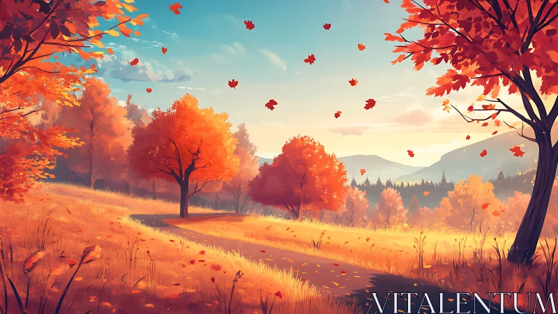 Curved path passes through digitally rendered autumn trees