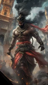 Storm-forged warrior strides through burning temple ruins.