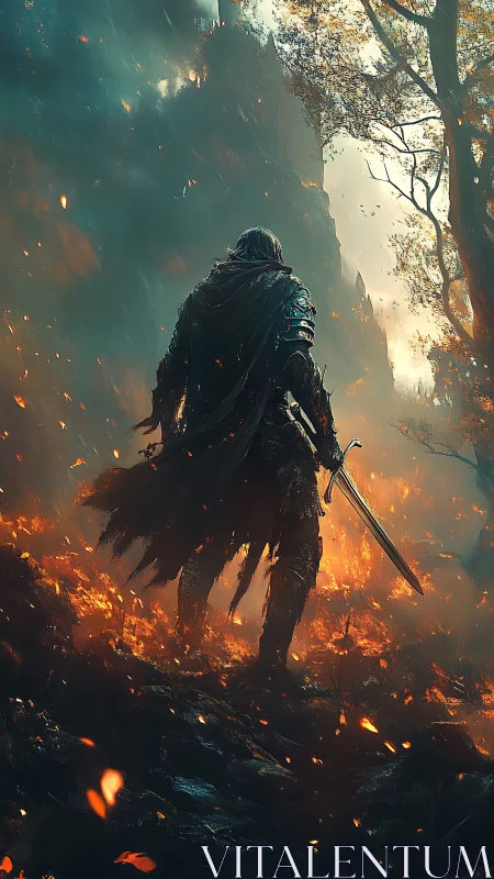 Lone ember-knight strides through a burning twilight forest.