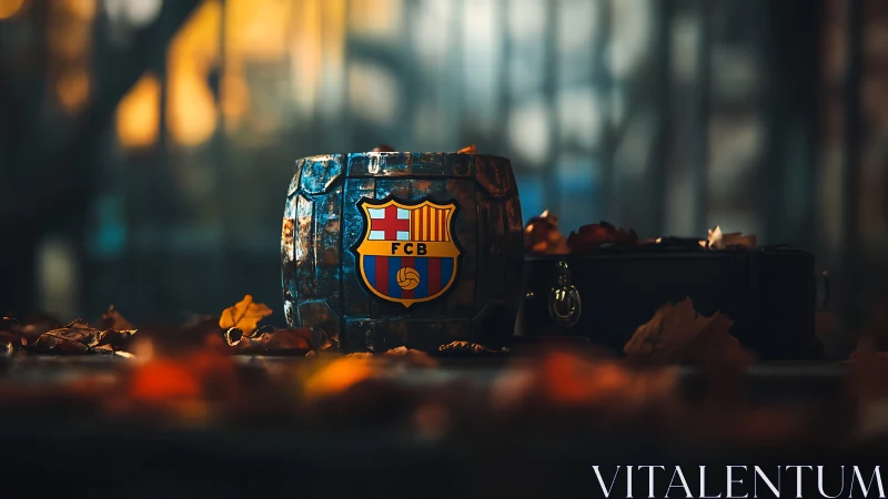 Barcelona crest glows on rustic mug in autumn bokeh scene.
