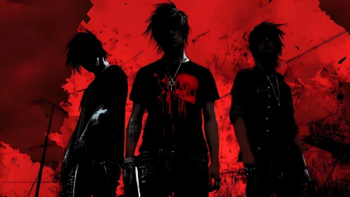 Three silhouetted figures stand before a red splattered sky