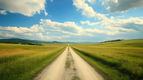 Endless country road slicing through sunlit summer meadows.