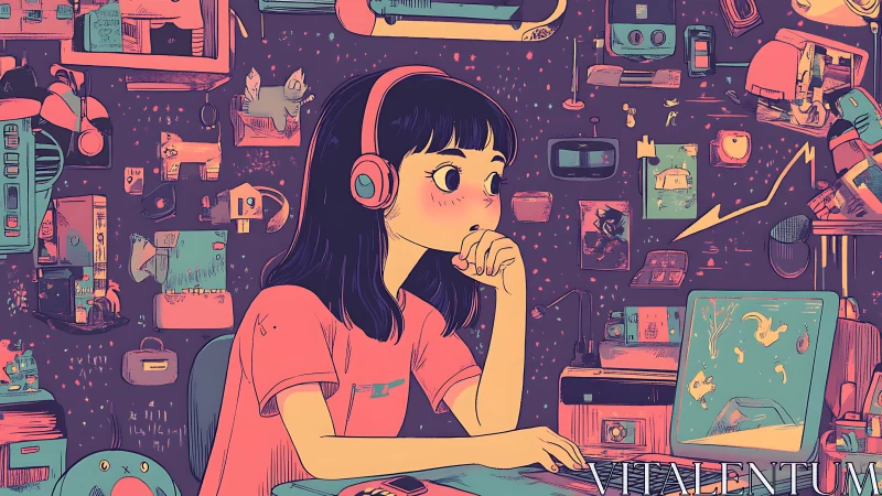 Digital daydreamer at neon-lit workstation in anime style.