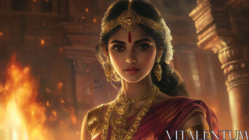 Regal Indian woman in traditional attire, dramatic fire-lit palace scene.