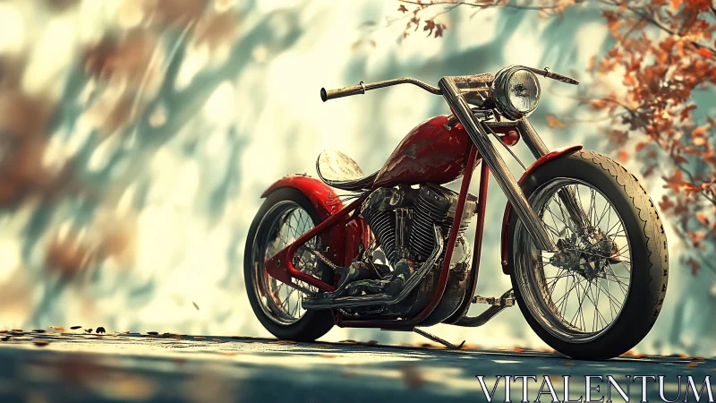 Red custom chopper motorcycle stands on sunlit ground