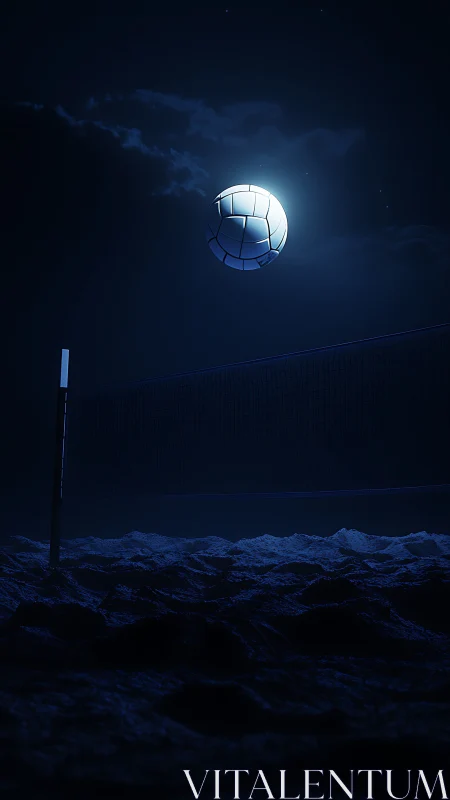 Volleyball suspended over moonlit net on dark sand court.