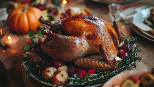 Roast turkey rests on rustic holiday table with vegetables