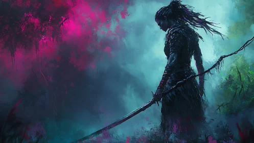 Spectral katana wielder in neon-suffused misted forest.
