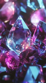 Faceted crystal cluster with mixed violet and cyan light.