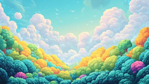 Vibrant Fantastical Landscape with Layered Clouds