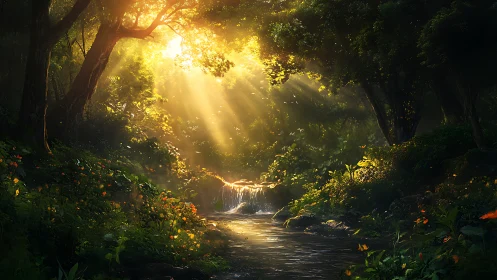 Sunlit forest stream with glowing waterfall clearing.
