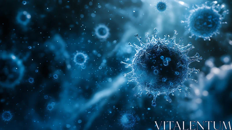 Microscopic viral particles in high-detail blue 3D render.