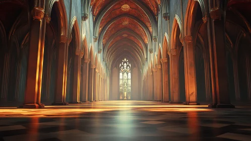 Parametric Gothic nave with volumetric sunrise illumination.
