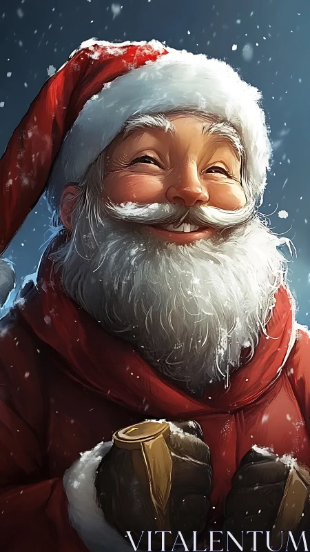 Joyful winter Santa savoring a quiet snowfall moment.
