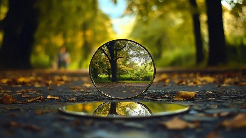 Circular mirror gateways along a quiet tree-lined path.