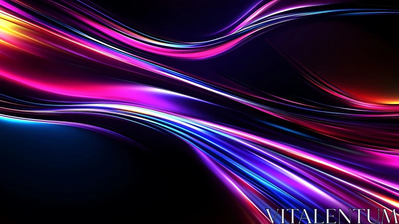 Curved neon light streaks on dark abstract digital background.