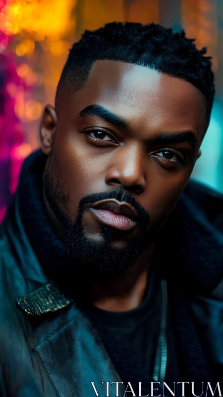 Moody neon drifter studies the lens with quiet defiance