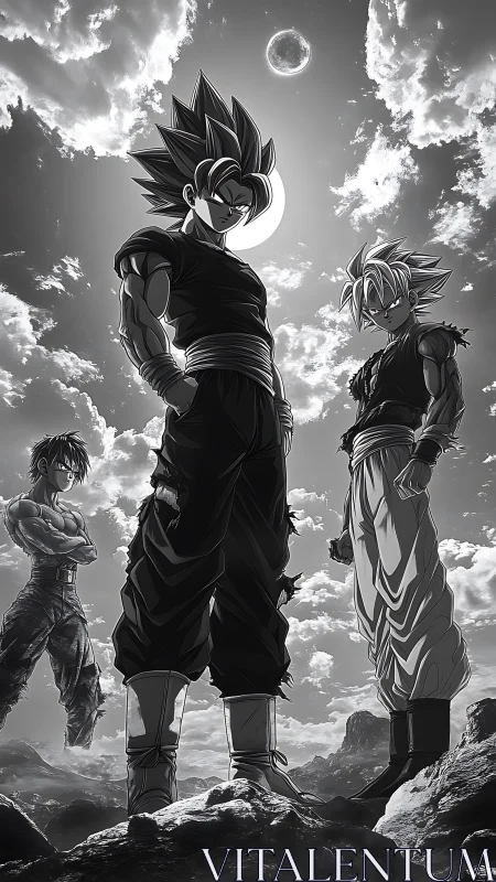 Monochrome Saiyan warriors under eclipsed celestial sky.