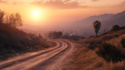 Sunset over winding dirt road in dry valley landscape.