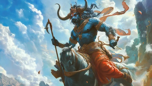 Blue-skinned horned rider holds spear while mounted on horse