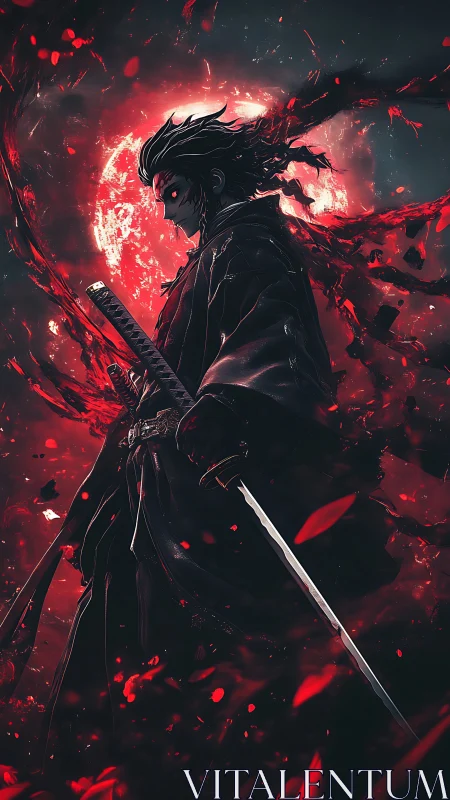 Dark katana warrior framed by crimson lunar eclipse.