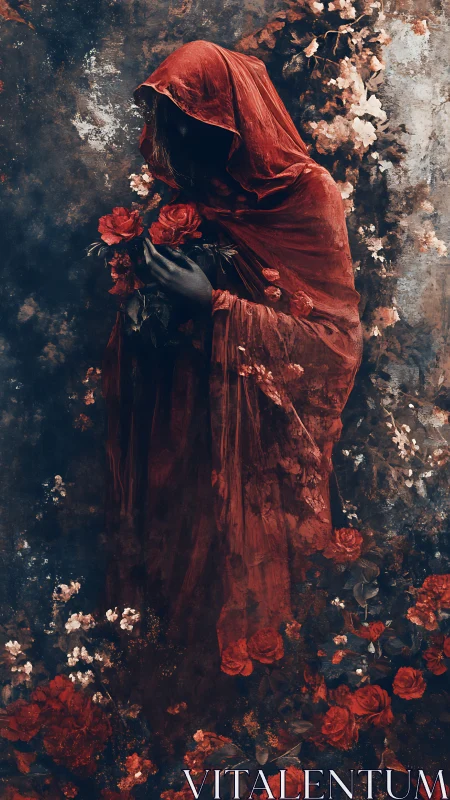 Shrouded figure in crimson cloak surrounded by roses.