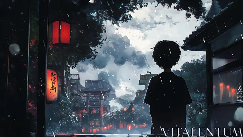 Silhouetted figure observing rainy traditional street scene.